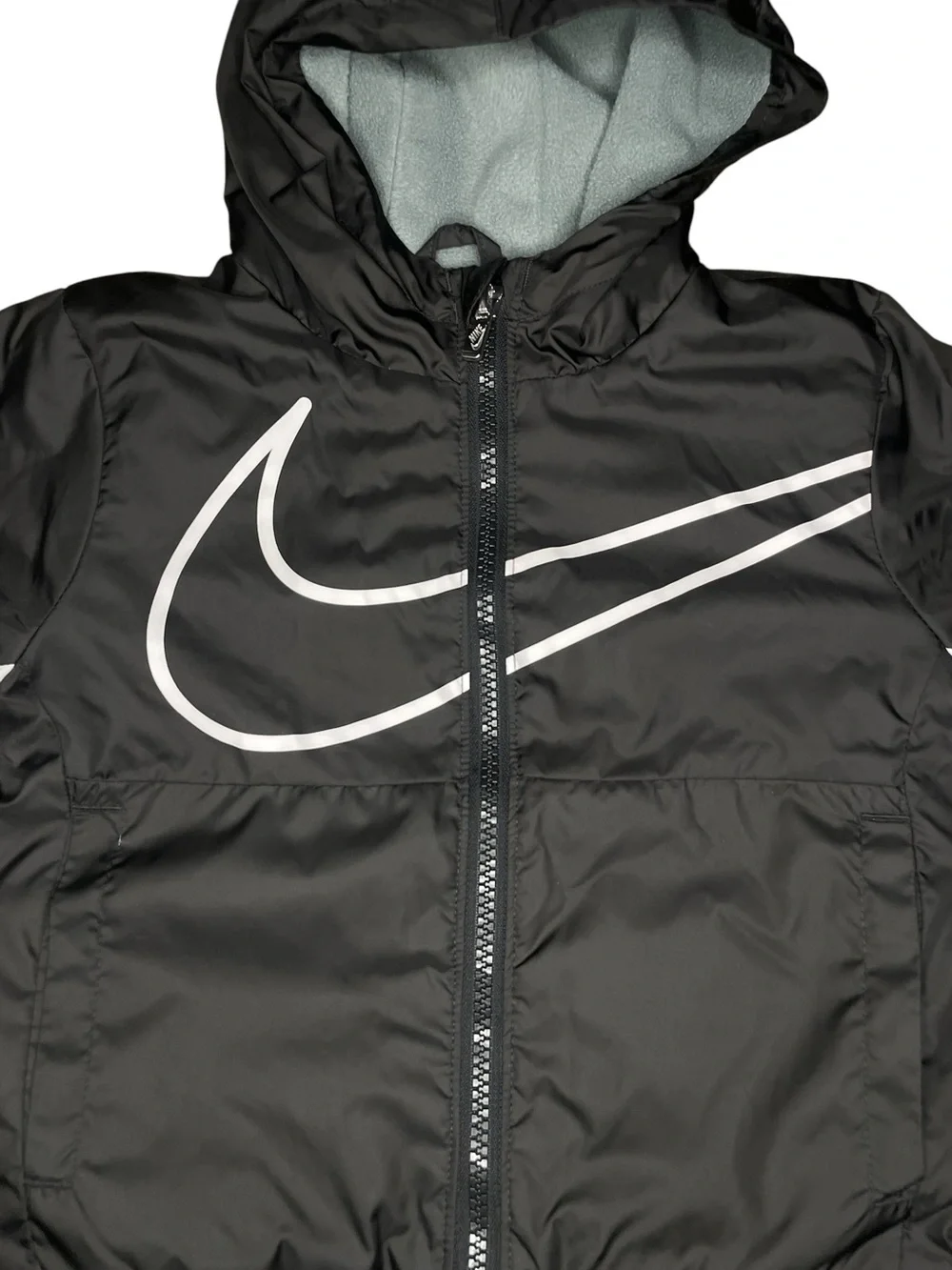 Nike Black with White Swoosh Hooded Fleece Lined Fall/Spring Jacket-Kids 7